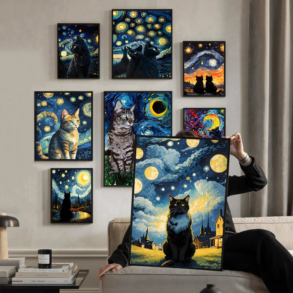 Van Gogh The Starry Night Romantic Black Cat WhitePaper Poster Sticker for Living Room Bar Decorants Aesthetic Art Wall Painting Van Gogh The Starry Night Romantic Black Cat WhitePaper Poster Sticker for Living Room Bar Decorants Aesthetic Art Wall Painting